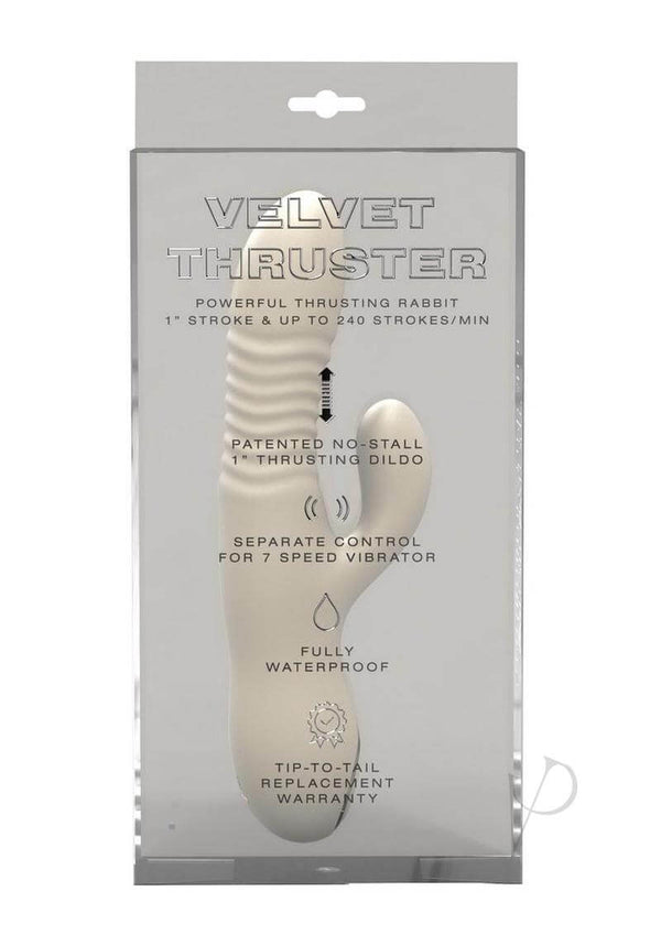 Velvet Thruster Powerful Thrusting Rabbit Vibrator Vanilla packaging showcasing its features and waterproof design.