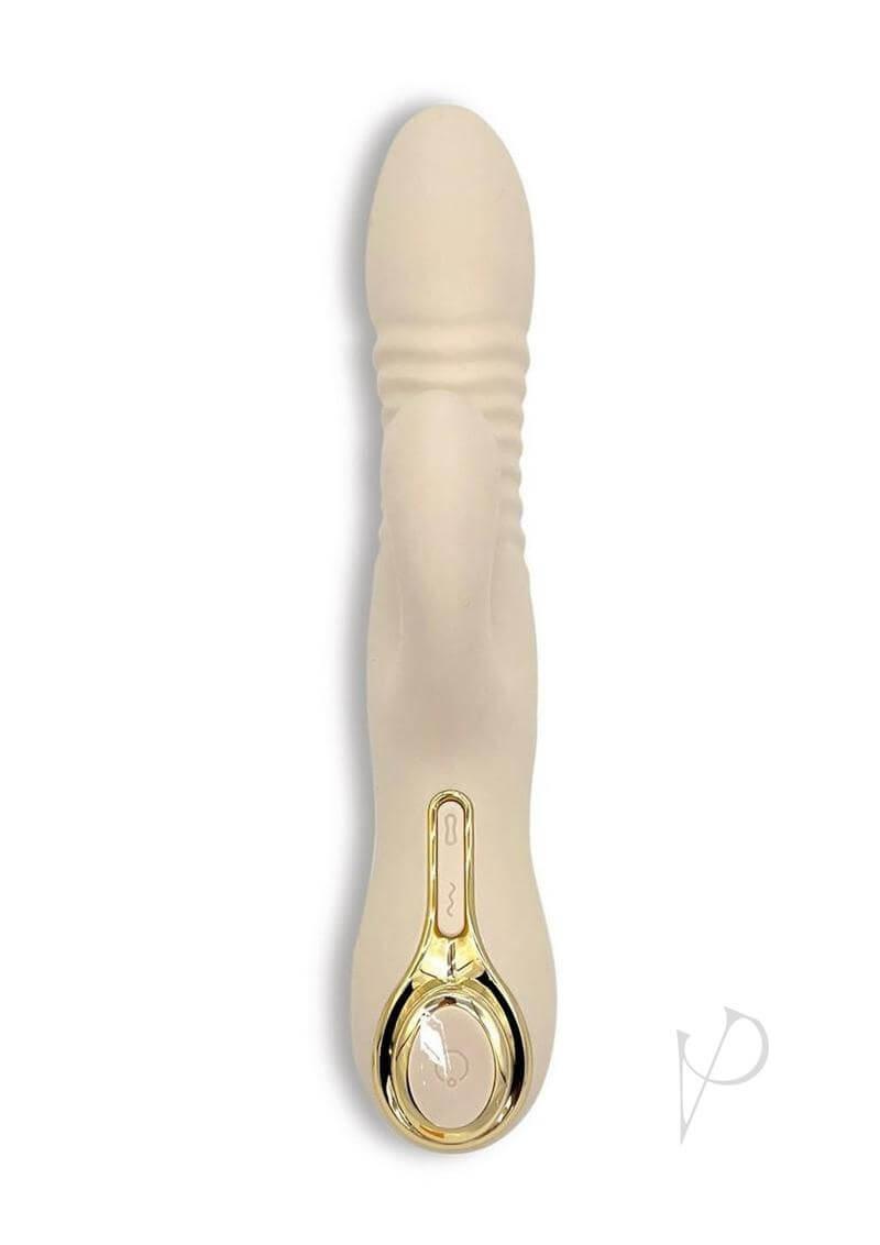 Velvet Thruster Powerful Thrusting Rabbit Vibrator Vanilla with textured shaft and gold accents.