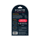 Forto F-81 Silicone Cock & Ball Double Ring Small Black packaging with usage instructions and product details.