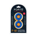 Forto F-81 Silicone Cock and Ball Double Ring Small Blue packaging featuring a dual-loop design.