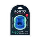 Forto F-20 Silicone Cockring and Ball Stretcher Small Blue packaging featuring soft and stretchy design.