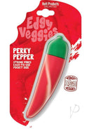 Edgy Veggies Perky Pepper Silicone Vibrator Red and Green packaging featuring a fun pepper design and details.