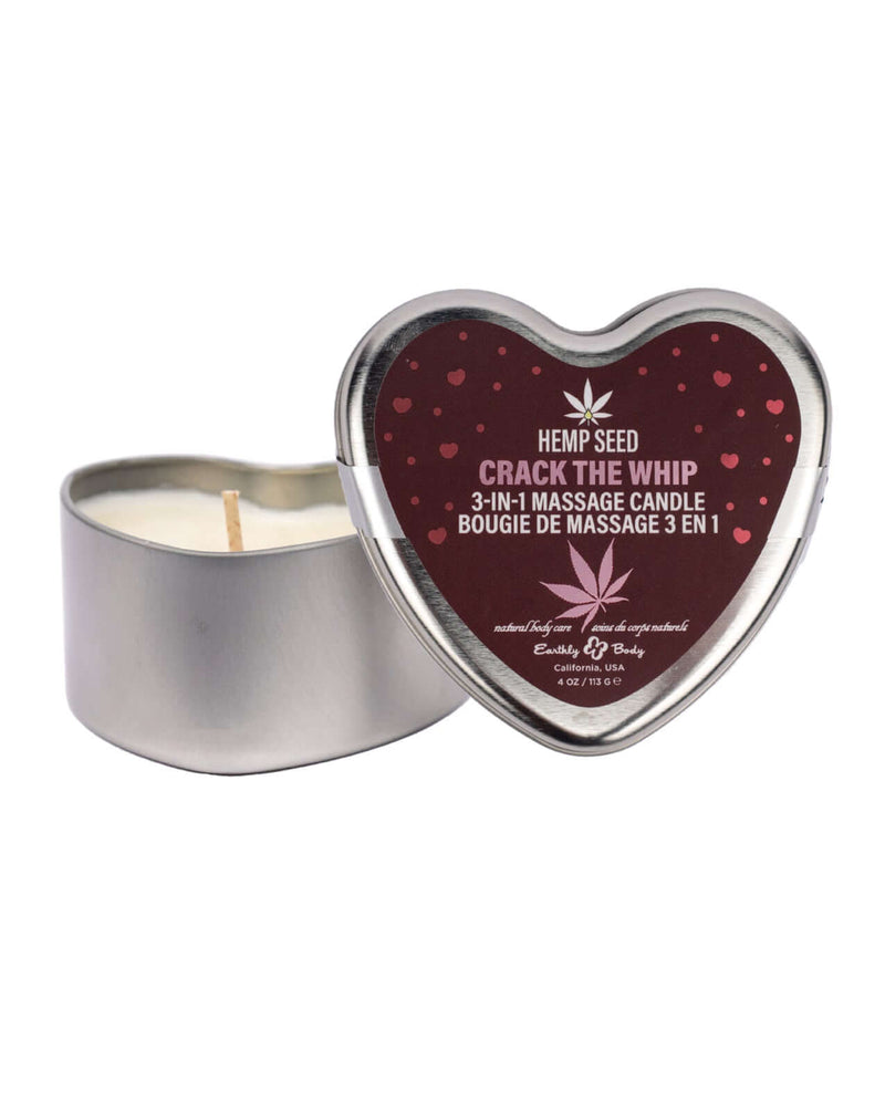 Hemp Seed 3 in 1 Valentines Massage Candle Crack The Whip heart-shaped massage candle with natural ingredients.