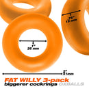 Oxballs Fat Willy 3-pack Jumbo Cockrings Orange, featuring three thick rings with dimensions and vibrant orange color.