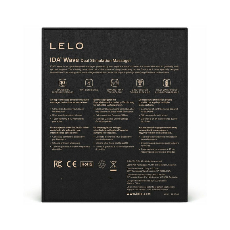 LELO IDA Wave Rechargeable Dual Stimulator Black packaging showing features and specifications.
