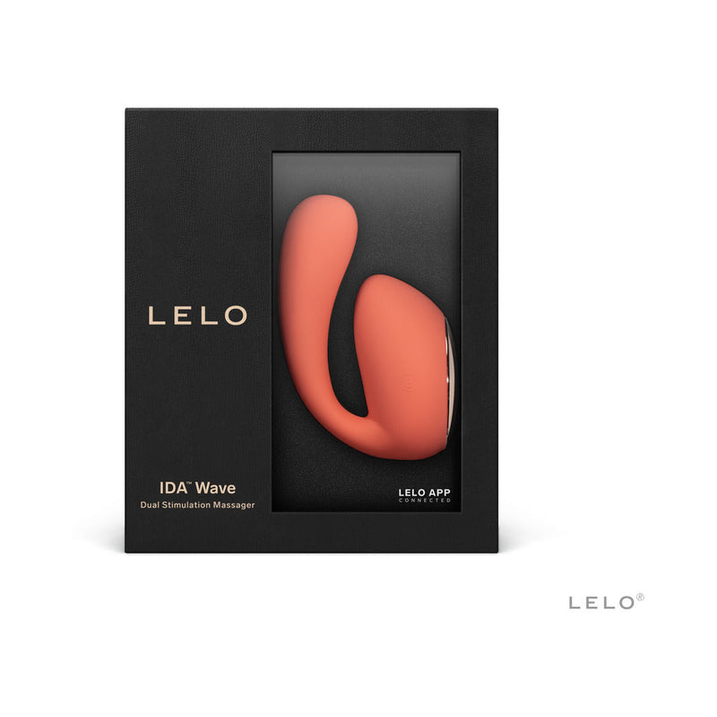 LELO IDA WAVE Rechargeable Dual Stimulator Coral Red packaging with product design and branding showcased.