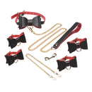 Master Series Goth Bondage Set Black Red featuring black and red accessories with gold-tone hardware and elegant bow details.