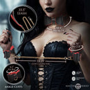 Master Series Goth Bondage Set Black Red featuring a model showcasing leash and cuffs dimensions.