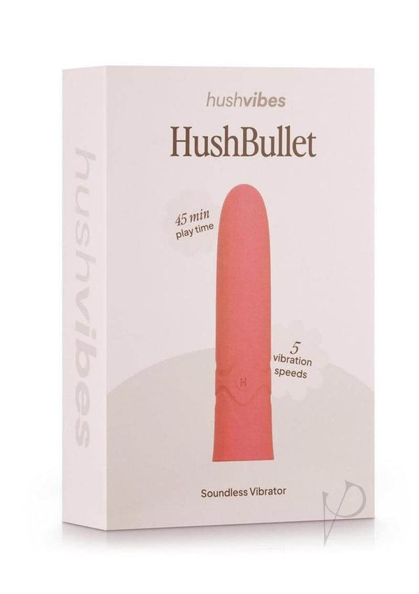 Hush Bullet Soundless Vibrator Pink packaging featuring powerful silent vibrator and 5 vibration speeds for discreet pleasure.