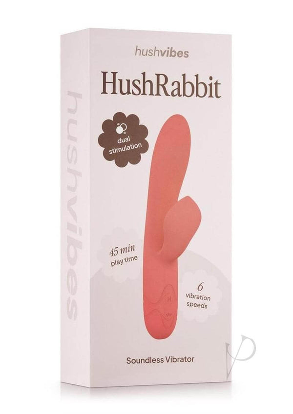 Hush Rabbit Soundless Vibrator Pink packaging showcasing dual stimulation and 6 vibration speeds.