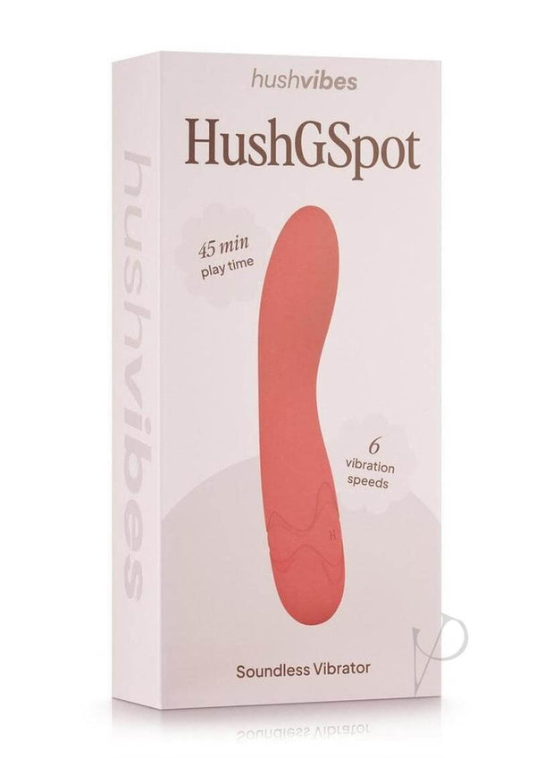 Hush G spot Soundless Vibrator Pink packaging featuring a sleek design and specifications for playtime and vibration speeds.