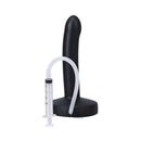 Tantus Pop Slim Squirting Dildo Midnight with syringe and tubing for ejaculation play.