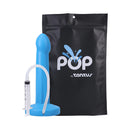 Tantus Pop Squirting Silicone Dildo Lagoon with syringe and packaging, designed for ejaculation play.