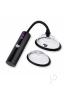Size Up Rechargeable Pussy Pump Two Chambers Black and Clear with interchangeable chambers and push-button suction.