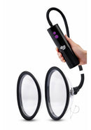 Size Up Rechargeable Pussy Pump Two Chambers Black and Clear with handheld control and two interchangeable cups.