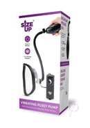 Size Up Classic Vibrating Pussy Pump Black and Clear in ergonomic packaging with remote and clear chamber.