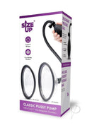 Size Up Classic Pussy Pump with Two Chambers Black and Clear packaging featuring interchangeable chambers and hand pump.