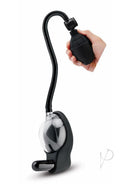 Size Up Rechargeable Vibrating Petite Pussy Pump Black/Clear with hand gripping the pump.