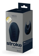 VeDo Stroke Silicone Rechargeable Vibrating Stroker Black packaged box showing the product and key features.