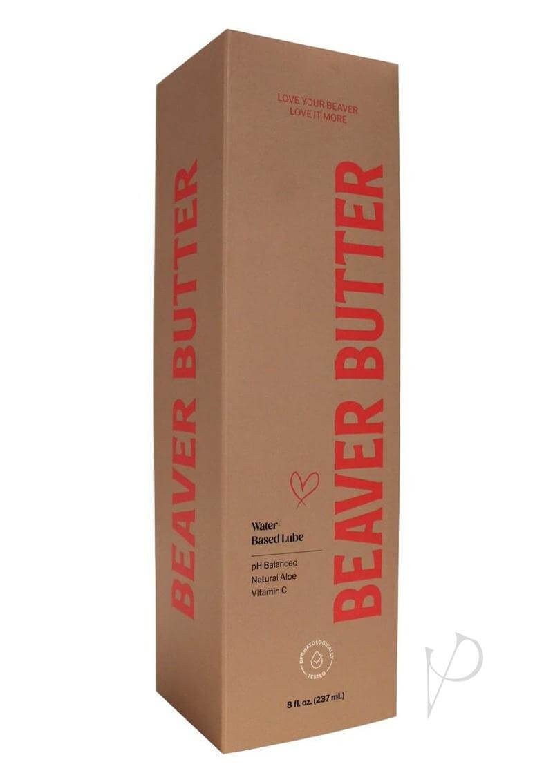 Beaver Butter Water Based Lube 8 oz packaging, featuring natural ingredients for intimate use, hydration, and comfort.