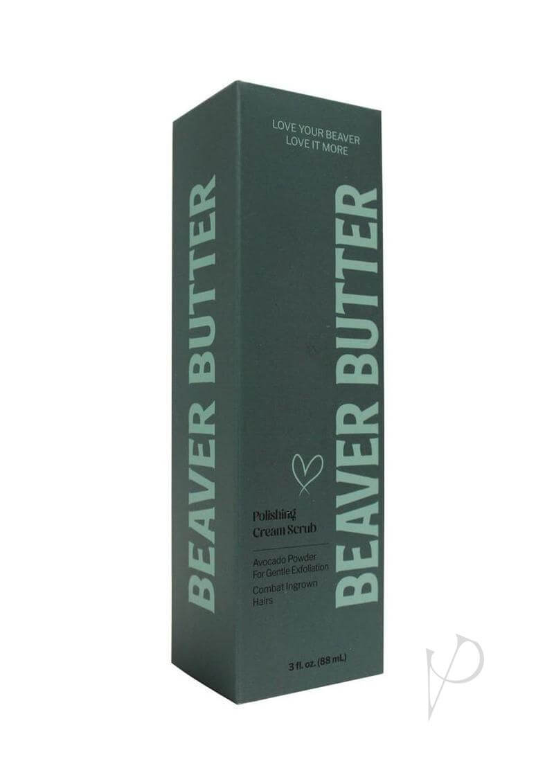 Beaver Butter Exfoliating Polishing Cream Scrub 3 Oz packaging showcasing natural exfoliants and hydration.