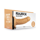 RealRock Realistic 6 Inch Hollow Strap-On Tan packaging with strap-on design and dimensions.