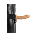 RealRock Realistic 6 Inch Hollow Strap-On Tan displayed on a harnessed model for strap-on play.