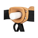 Close-up of RealRock Realistic 6 Inch Hollow Strap-On Tan showing hollow shaft and adjustable harness details