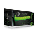 Ouch Twisted 8 Inch Glow In The Dark Hollow Strap-On Green packaging featuring a neon green dildo and adjustable waistband.