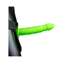 Ouch Twisted 8 Inch Glow In The Dark Hollow Strap-On Green showcasing its twisted shaft and adjustable waistband.