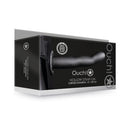 Ouch Curved 8 Inch Hollow Strap-On Gunmetal packaging showcasing design and features.
