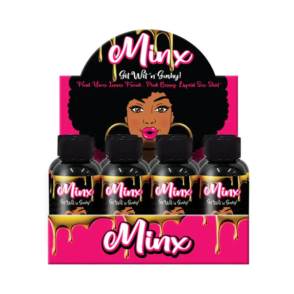 Minx 2 oz wellness shots display featuring herbal extracts and vibrant packaging for women's vitality support.