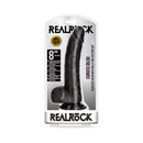 RealRock Realistic 8 Inch Curved Dildo With Balls Black in packaging showcasing its lifelike design and suction base.