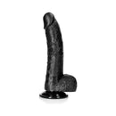 RealRock Realistic 8 Inch Curved Dildo With Balls Black featuring lifelike details and textured shaft for optimal satisfaction.