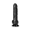 RealRock Realistic 8 Inch Curved Dildo With Balls Black featuring a lifelike texture and natural shape for ultimate satisfaction.