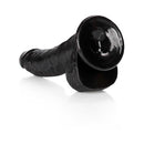 RealRock Realistic 8 Inch Curved Dildo With Balls Black showcasing its lifelike design and textured surface.
