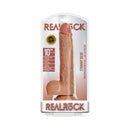 RealRock 10 Inch Realistic Suction Cup Dildo With Balls Tan packaging displaying realistic details and suction capabilities.