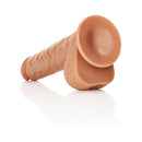 RealRock 10 Inch Realistic Suction Cup Dildo With Balls Tan showcasing its lifelike texture and suction cup base.