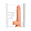 RealRock 10 Inch Realistic Suction Cup Dildo With Balls Tan next to measurement scale and everyday items for size reference.