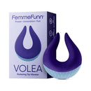 FemmeFunn Volea Silicone Fluttering Tip Vibrator Dark Purple with packaging displayed.