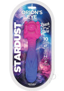 Stardust Orions Eye Silicone Vibrating Dildo Purple packaging with celestial design and features.