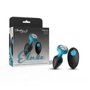 Viben Eluxe Vibrating Gem Anal Plug Medium Blue Ombre with remote control packaging and plug next to it.