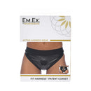 Sportsheets Em.ex Fit Strap-On Harness Patent Corset Small packaging showcasing sleek design and active harness wear.