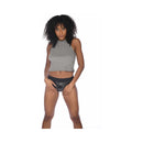 Model showcasing Sportsheets Em.ex Fit Strap-On Harness Patent Corset Small and stylish grey crop top.