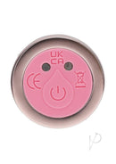 Loveline Celestia 10 Function Bulb Tip Glass Vibrator Pink power button close-up on a pink background.
