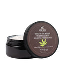 Earthly Body Hemp Seed Skin Butter 8 oz Naked in the Woods in a jar with lid open, revealing creamy texture.
