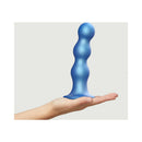 Strap-on-me Hybrid Dildo Plug Balls Metallic Blue XL held in hand, showcasing its flexible design and sleek color.
