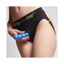 Model holding Strap-on-me Hybrid Dildo Plug Balls Metallic Blue XL in strap-on brief for enhanced pleasure.