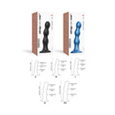 Strap-on-me Hybrid Dildo Plug Balls Metallic Blue XL alongside a black version, showcasing size dimensions and packaging.