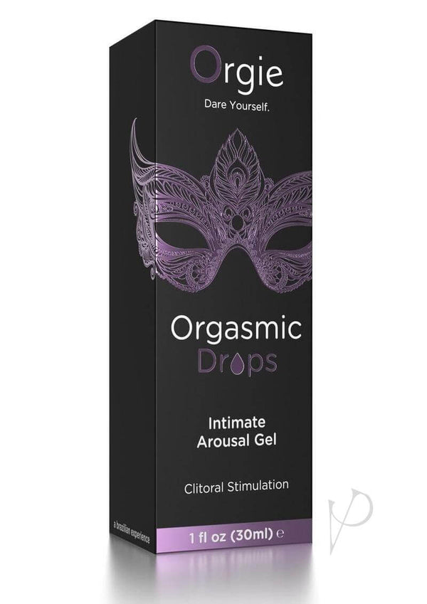 Orgie Orgasmic Drops 1 oz Clitoral Arousal Serum packaging featuring a luxurious design for intimate arousal.
